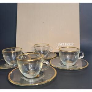 Art Decor Clear Glass Gold Rim Coffee Tea Cup and Saucer Set of 4 Made in Italy